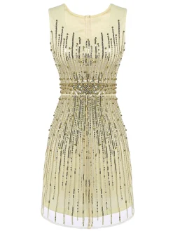 Fashion Retro Stage [US Warehouse] 1920s Sequined Embellished Dress Beige