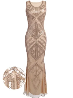 Fashion Retro Stage [US Warehouse] 1920s Sequined Maxi Dress Beige