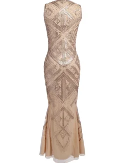 Fashion Retro Stage [US Warehouse] 1920s Sequined Maxi Dress Beige