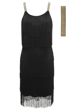 Hot Retro Stage [US Warehouse] Belted 1920s Fringe Gatsby Dress black