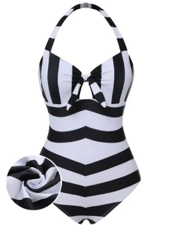 Sale Retro Stage [US Warehouse] 1950s Barbie Stripes Halter Swimsuit Black & White