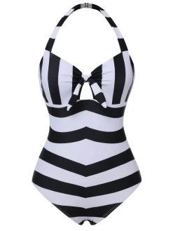 Sale Retro Stage [US Warehouse] 1950s Barbie Stripes Halter Swimsuit Black & White