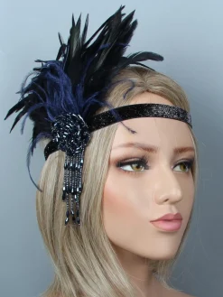 Hot Retro Stage [US Warehouse] Black Blue 1920s Feather Headband