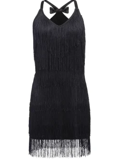Fashion Retro Stage [US Warehouse] 1920s Back Bow Tassel Flapper Dress Black