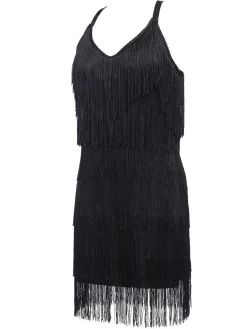 Fashion Retro Stage [US Warehouse] 1920s Back Bow Tassel Flapper Dress Black