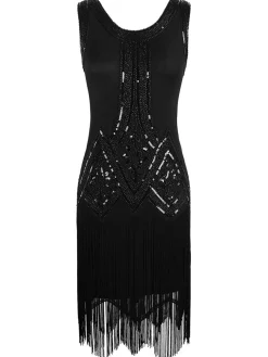 Outlet Retro Stage [US Warehouse] 1920s Beaded Fringed Flapper Dress Black