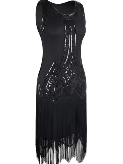 Outlet Retro Stage [US Warehouse] 1920s Beaded Fringed Flapper Dress Black