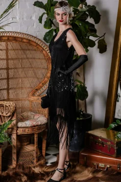 Outlet Retro Stage [US Warehouse] 1920s Beaded Fringed Flapper Dress Black