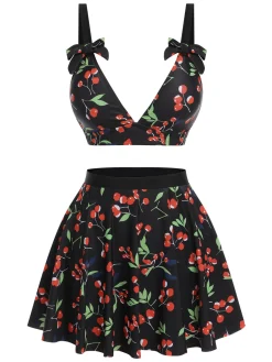 Online Retro Stage [US Warehouse] 1950s Cherry Bow V-Neck Swimsuit Black
