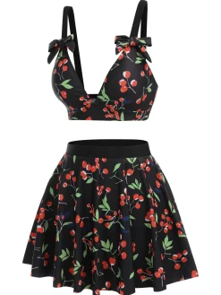 Online Retro Stage [US Warehouse] 1950s Cherry Bow V-Neck Swimsuit Black