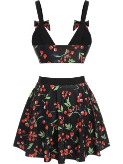 Online Retro Stage [US Warehouse] 1950s Cherry Bow V-Neck Swimsuit Black