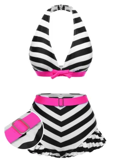 Outlet Retro Stage [US Warehouse] Black 1950s Contrast Bow Ruffle Stripes Bikini