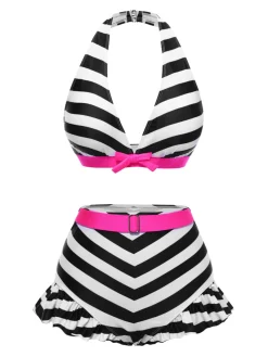 Outlet Retro Stage [US Warehouse] Black 1950s Contrast Bow Ruffle Stripes Bikini
