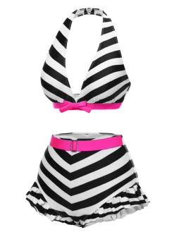 Outlet Retro Stage [US Warehouse] Black 1950s Contrast Bow Ruffle Stripes Bikini
