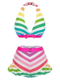 Outlet Retro Stage [US Warehouse] Black 1950s Contrast Bow Ruffle Stripes Bikini