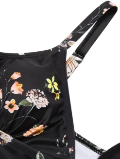 Best Retro Stage [US Warehouse] Black 1940s Floral Boxer Straps Swimsuit