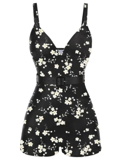 Best Retro Stage [US Warehouse] Black 1940s Floral Boxer Straps Swimsuit