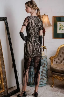 Best Retro Stage [US Warehouse] 1920s Fringe Lace Flapper Dress Black