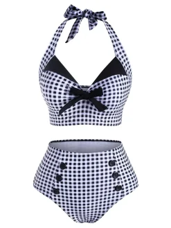 Outlet Retro Stage [US Warehouse] Black 1950s Gingham Halter Bowknot Bikini Set