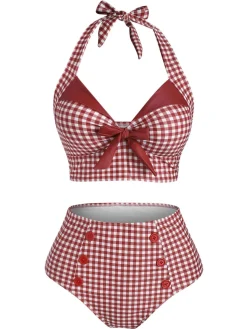 Outlet Retro Stage [US Warehouse] Black 1950s Gingham Halter Bowknot Bikini Set