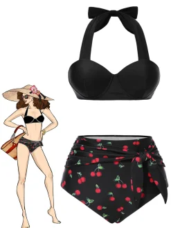 Hot Retro Stage [US Warehouse] 1950s Halter Cherry Bikini Set Black