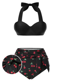 Hot Retro Stage [US Warehouse] 1950s Halter Cherry Bikini Set Black