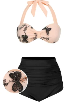 New Retro Stage [US Warehouse] 1950s Halter Butterfly Swimsuit Black