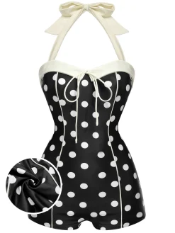 Discount Retro Stage [US Warehouse] 1950s Polka Dots Halter Swimsuit Black