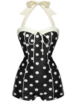Discount Retro Stage [US Warehouse] 1950s Polka Dots Halter Swimsuit Black