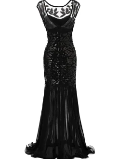 Best Retro Stage [US Warehouse] Black 1920s Sequin Maxi Flapper Dress
