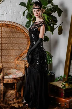 Best Retro Stage [US Warehouse] Black 1920s Sequin Maxi Flapper Dress
