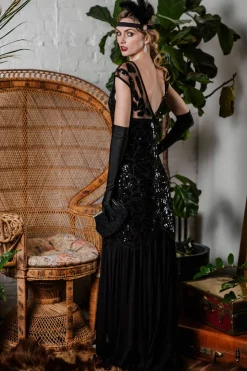 Best Retro Stage [US Warehouse] Black 1920s Sequin Maxi Flapper Dress