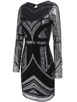 Fashion Retro Stage [US Warehouse] 1920s Sequined Geometric Dress Black