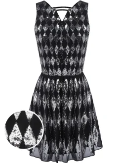 Online Retro Stage [US Warehouse] 1920s Sequined Backless Geometric Dress Black