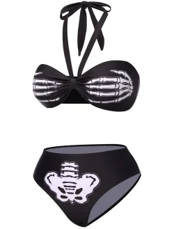 New Retro Stage [US Warehouse] 1970s Skeleton Hand Halter Bikini Set Black