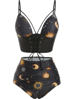 Best Retro Stage [US Warehouse] Black 1940s Sun Moon Stars Lace-Up Swimsuit