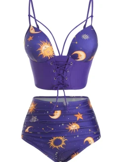 Best Retro Stage [US Warehouse] Black 1940s Sun Moon Stars Lace-Up Swimsuit