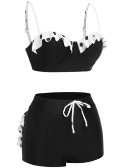 New Retro Stage [US Warehouse] White 1950s Dots Layered Strap Swimsuit Black
