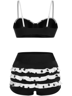 New Retro Stage [US Warehouse] White 1950s Dots Layered Strap Swimsuit Black