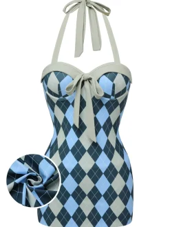 Best Retro Stage [US Warehouse] 1950s Argyle Halter One-Piece Swimsuit Blue Gray