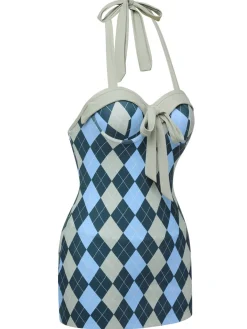 Best Retro Stage [US Warehouse] 1950s Argyle Halter One-Piece Swimsuit Blue Gray