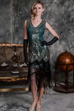 Sale Retro Stage [US Warehouse] 1920s Beaded Fringed Dress Blue