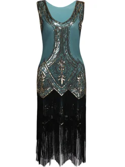Sale Retro Stage [US Warehouse] 1920s Beaded Fringed Dress Blue