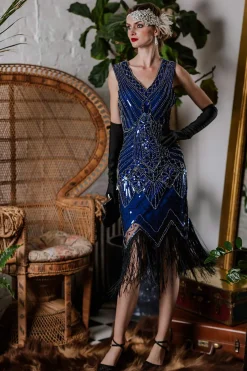 Hot Retro Stage [US Warehouse] 1920s Beaded Fringed Flapper Dresses Blue