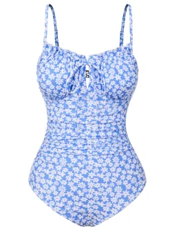 Hot Retro Stage [US Warehouse] 1980s Ditsy Floral Strap Swimsuit Blue