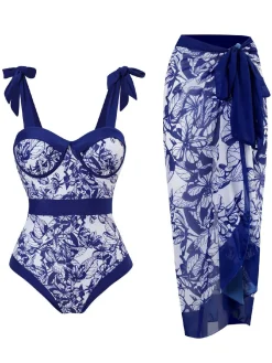 Discount Retro Stage [US Warehouse] 1960s Floral Halter One-Piece Swimsuit Blue
