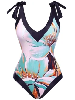 Online Retro Stage [US Warehouse] Blue 1950s Floral Patchwork Shoulder Tie Swimsuit Light Blue