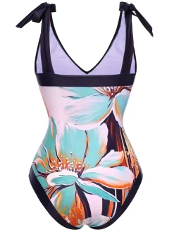 Online Retro Stage [US Warehouse] Blue 1950s Floral Patchwork Shoulder Tie Swimsuit Light Blue