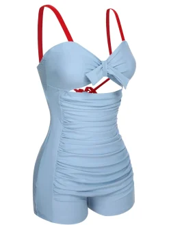Clearance Retro Stage [US Warehouse] Blue 1930s Folds Back Strap One-Piece Swimsuit Blue Grey