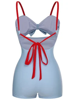 Clearance Retro Stage [US Warehouse] Blue 1930s Folds Back Strap One-Piece Swimsuit Blue Grey
